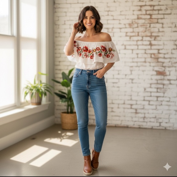 DAVI & DANI White Floral Fall Embroidered Off-Shoulder Blouse - Picture 9 of 9